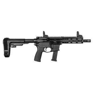 Black AR-style assault rifle with collapsible stock, rail-mounted front, and detachable magazine in a side profile.