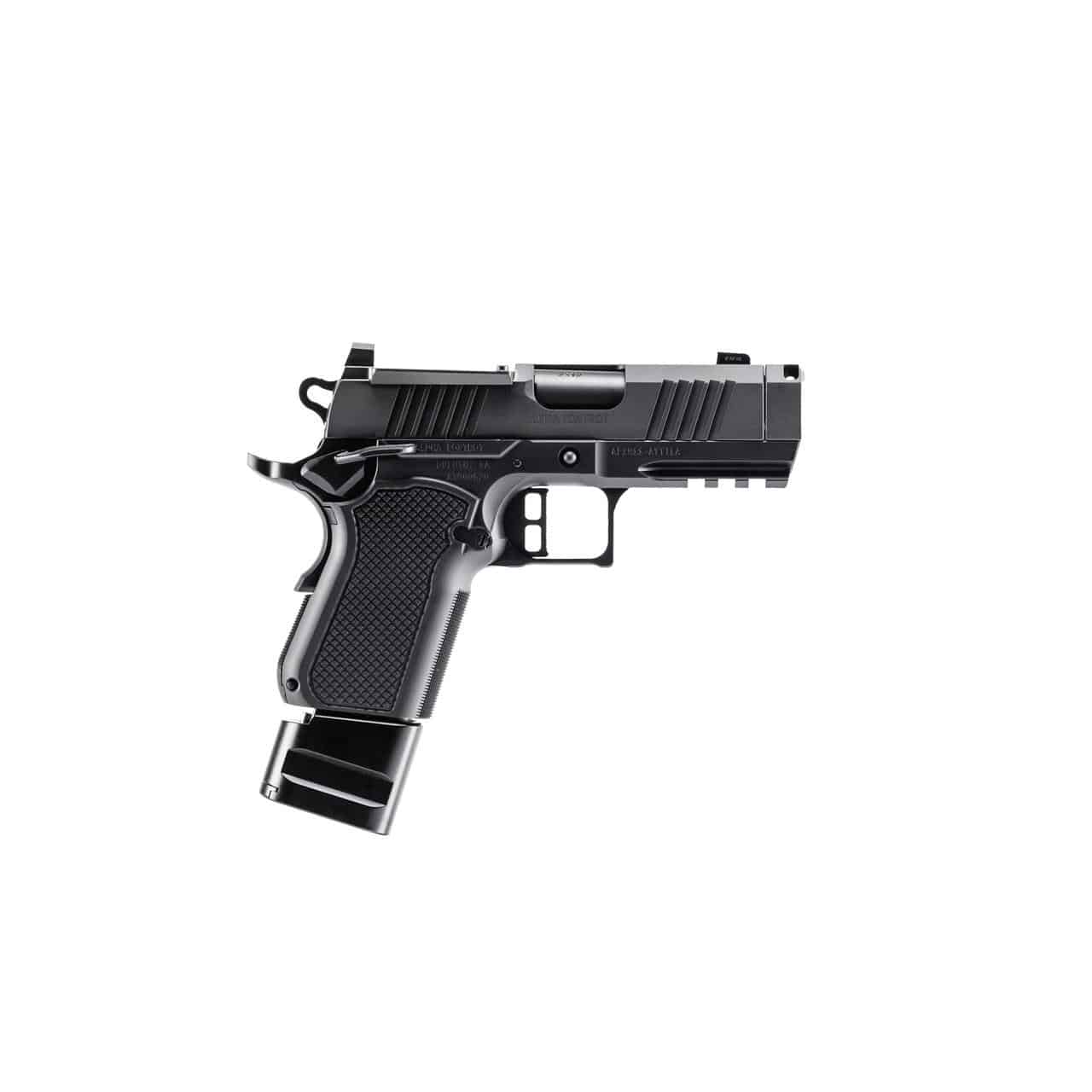 Side view of a black semi-automatic pistol with an attached magazine and textured grip