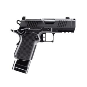 Side view of a black semi-automatic pistol with a textured grip and accessory rail on a white background.