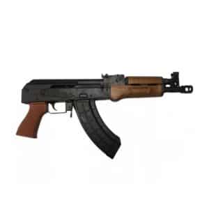 AK-style assault rifle with black receiver, wooden foregrip and stock, curved magazine