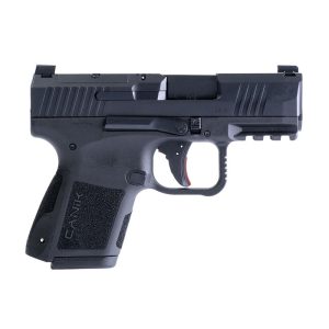 Left-side view of a black semi-automatic pistol with a textured grip and serrated slide.