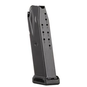 Pistol magazine standing upright, metal body with round-count holes labeled 2 through 10 visible.