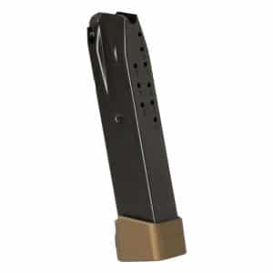 Black handgun magazine with a tan base plate and numbered round-count holes along its side