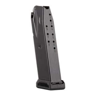 Metal pistol magazine with 10-round capacity, numbered round-count holes along the side, resting in a plastic base plate