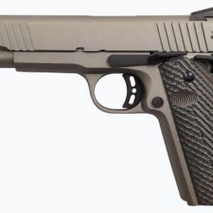 Semi-automatic pistol with a tan finish, textured grip, and Rock Island Armory logo on the slide (side view).