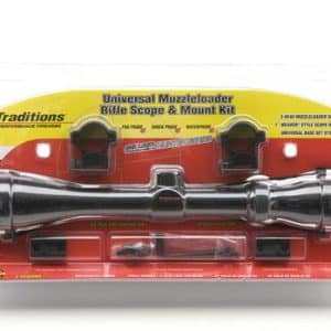 Traditions universal muzzleloader rifle scope and mount kit in clear blister packaging with red/yellow label, showing a long silver scope piece inside
