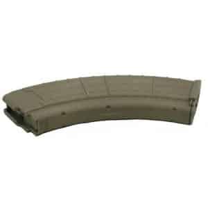 Tan curved rifle magazine used for feeding ammo into a firearm