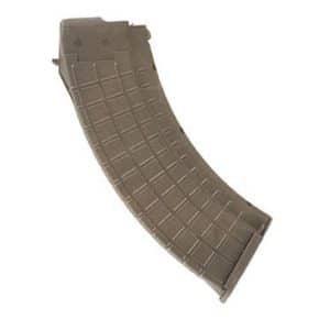 Brown curved rifle magazine with a grid-like texture used for feeding ammunition into a firearm