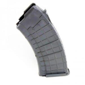 Gray curved rifle magazine with ribbed exterior on a white background, angled to the left