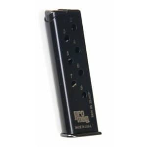 Black handgun magazine with numbered holes (2–8) showing the rounds; ProMag branding and baseplate visible; angled shot.