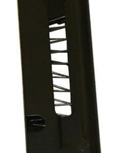 Black handgun magazine with the internal feed spring visible inside the body.