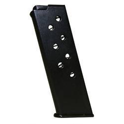 Black metal handgun magazine (pistol magazine) with round-count holes.