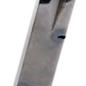 Metal pistol magazine standing at an angle, used to feed rounds into a handgun.