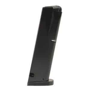 Black handgun magazine shown vertically, a slim, rectangular firearm accessory