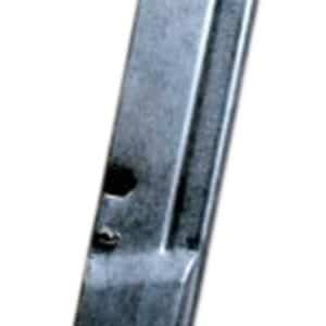 Metal pistol magazine photographed at a diagonal angle with its top lips visible