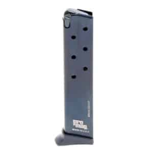 Black ProMag pistol magazine with visible round-count holes, standing upright.