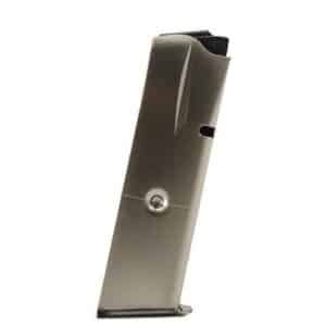 Metal handgun magazine standing upright, stainless steel with feed lips visible