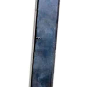 Metal firearm magazine standing upright, metallic blue-gray finish with feed lips at the top