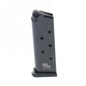 Black pistol magazine with witness holes, standing upright on a white background (ProMag, Made in USA).