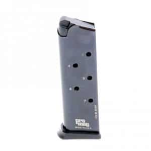 ProMag handgun magazine with seven-round capacity, black, standing upright with baseplate visible.