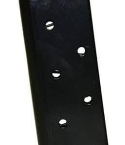 Black metal firearm magazine with several round-count holes, shown at an angle