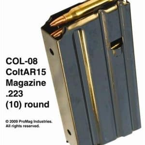 Colt AR-15/.223 10-round magazine loaded with a brass cartridge visible at the top, with text on the left reading COL-08 ColtAR15 Magazine .223 (10) round.