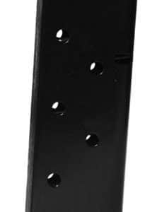 Black metal handgun magazine with six round indicator holes visible.