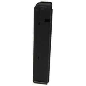 Black pistol magazine for a semi-automatic handgun (side view).