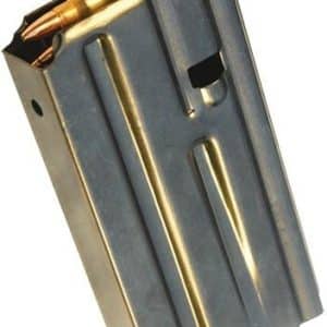 Metal pistol magazine loaded with bullets, showing the rounds at the top and a small feed window.