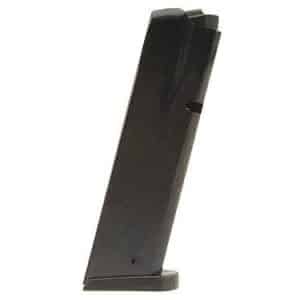 Black pistol magazine standing upright with a rounded base plate