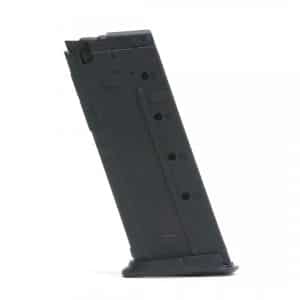 Black detachable pistol magazine standing upright on its base against a white background