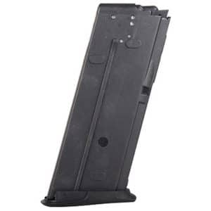 Black pistol magazine standing upright with a flat base plate showing at the bottom.