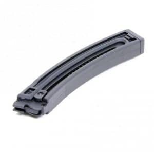Curved gray firearm magazine on a white background, viewed from the side.