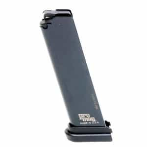 ProMag handgun magazine angled diagonally, dark gray body with a black base plate, labelled Made in USA.