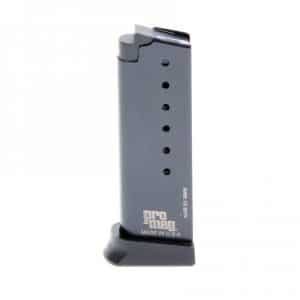 Gray ProMag handgun magazine standing in a small plastic cradle, with multiple round witness holes along the side and 'MADE IN U.S.A.' marking on the base.