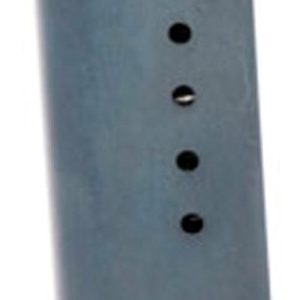 Gray handgun magazine with seven round-count holes and black base.