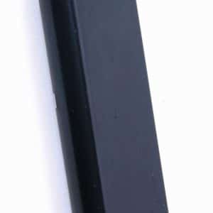 Black pistol magazine standing upright on a white background with a flat curved baseplate.