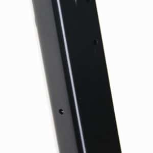 Black handgun magazine shown in side view with a rounded baseplate.