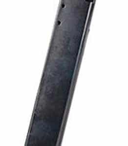 Black metal pistol magazine on a white background, angled diagonally with feed lips at the top and a small release notch visible