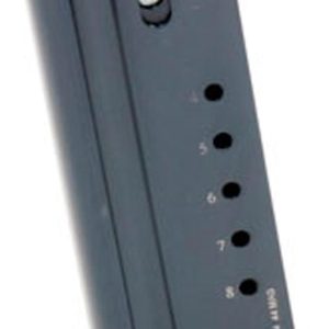 9mm pistol magazine in gray with count holes on the side, standing in a base (8-round capacity visible).