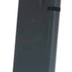 Metal handgun magazine standing upright with a flat baseplate, dark gray finish