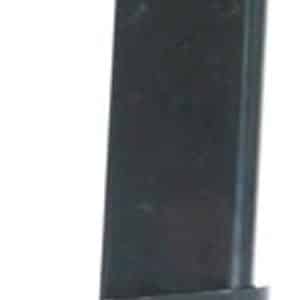 Black pistol magazine with a rectangular body and flat base plate, standing upright