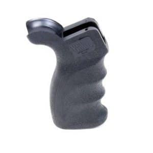 Ergonomic rubber phone grip with curved handle holding a smartphone at the top.
