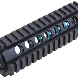 Black polymer firearm handguard with ribbed exterior and row of circular perforations showing blue internal components.