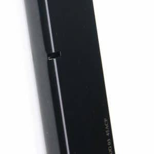 Black handgun magazine standing upright with a curved base plate, ProMag branding, for .45 ACP.