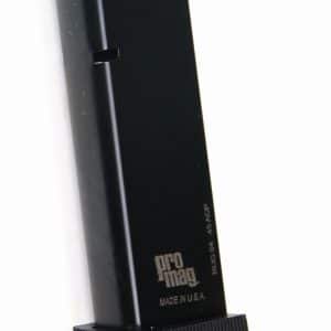 Black ProMag .45 ACP pistol magazine with a ribbed, textured base plate.