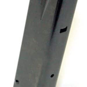 Pistol magazine in dark gray resting on a white background, showing the curved base plate at the bottom.