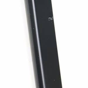 Black handgun magazine with a curved baseplate, shown standing upright against a white background.