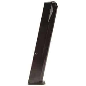 Black handgun magazine standing upright on a white background, a firearm accessory used to feed ammunition into a pistol