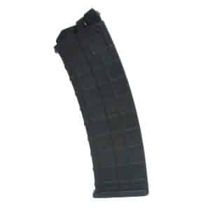 Black curved rifle magazine standing upright on a white background, ready for insertion into a firearm.